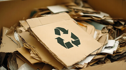 Fototapete - A pile of assorted paper and cardboard materials marked with the universal recycling symbol, set against a neutral background to promote environmental conservation and sustainable practices