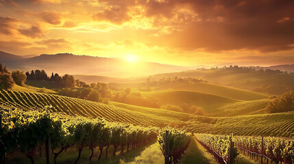 Poster - A scenic vineyard at sunrise with rolling hills and grape vines