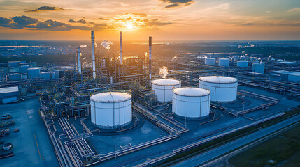 Poster - A vast industrial complex with a massive LNG storage tank designed for holding liquified natural gas at low temperatures, showcasing modern energy infrastructure
