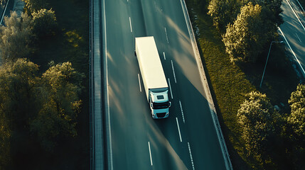 Poster - aerial view of autonomous truck driving on autopilot on a highway with traffic sensors scanning surr