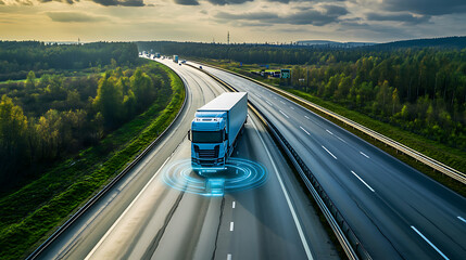 Poster - aerial view of autonomous truck driving on autopilot on a highway with traffic sensors scanning surr