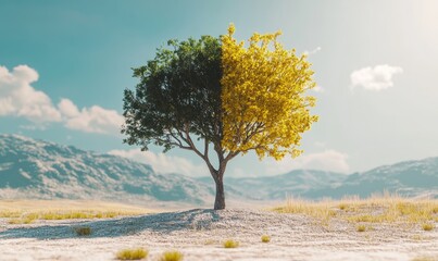 Climate change concept. Tree in two parts with green and healthy nature versus drought and polluted nature.