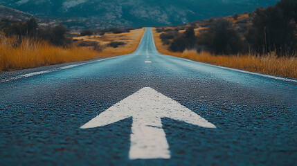 Poster - An asphalt road stretches into the distance with a painted white arrow pointing forward, symbolizing motivation, progress, and the concept of continuous growth and forward movement