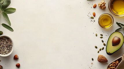 Aufkleber - Assorted healthy fats food selection with avocado, nuts, seeds, and olive oil, with blank space for adding text or design