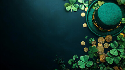 Poster - Banner with shiny green hat, gold coins and clover leaves, St, Patrick's Day concept