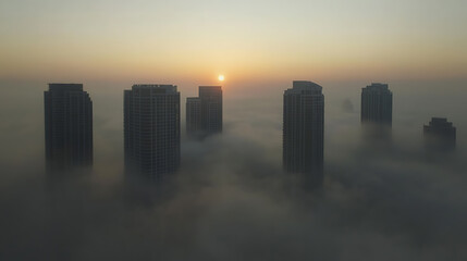 Wall Mural - Downtown Dubai with skyscrapers submerged in think fog, Picture taken from unique view, Tall buildings, Early morning glow