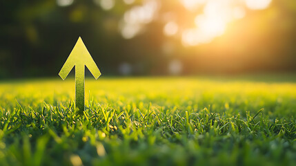 Poster - Green grass field with a large, symbolic arrow pointing upwards and forwards, representing sustainable development, eco-friendly growth, and motivational progress in environmental practices