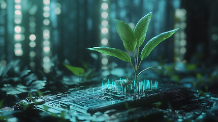Aufkleber - Idea of digital evolution or technological growth, represented by a seedling sprouting from a circuit board, symbolizing the intersection of nature and technology