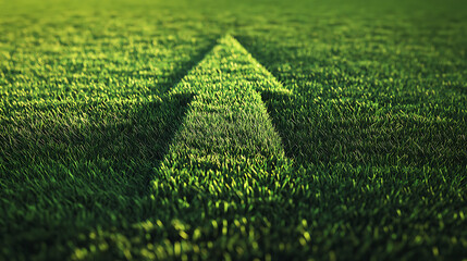 Poster - Green grass field with a large, symbolic arrow pointing upwards and forwards, representing sustainable development, eco-friendly growth, and motivational progress in environmental practices