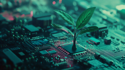 Poster - Idea of digital evolution or technological growth, represented by a seedling sprouting from a circuit board, symbolizing the intersection of nature and technology