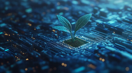 Aufkleber - Idea of digital evolution or technological growth, represented by a seedling sprouting from a circuit board, symbolizing the intersection of nature and technology
