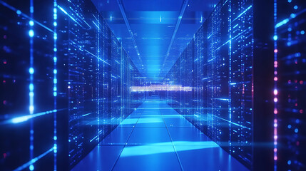 Leinwandbilder - Modern web network and internet telecommunication technology, big data storage and cloud computing computer service business concept server room interior in datacenter in blue light