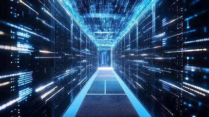 Aufkleber - Modern web network and internet telecommunication technology, big data storage and cloud computing computer service business concept server room interior in datacenter in blue light