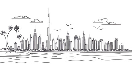 Aufkleber - One continuous line drawing of Dubai city skyline United Arab Emirates, Beautiful city landmark, World landscape tourism and travel, Editable stylish stroke single line draw design vector illustration