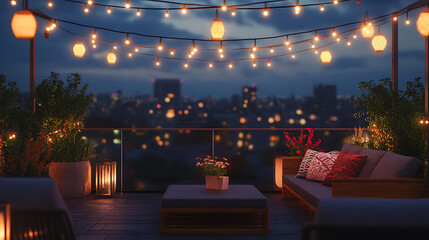 Aufkleber - Roof terrace of a beautiful house with night-time view of the city, View over cozy outdoor terrace with outdoor string lights and lanterns