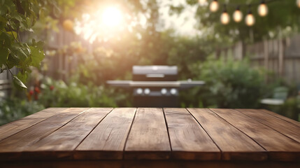 Poster - summer time in backyard garden with grill bbq, wooden table, blurred background