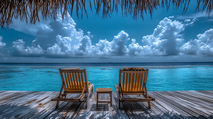 Poster - Stunning landscape, swimming pool blue sky with clouds, Tropical resort hotel in Maldives, Fantastic relax and peaceful vibes, chairs, loungers under umbrella and palm leaves, Luxury travel vacation