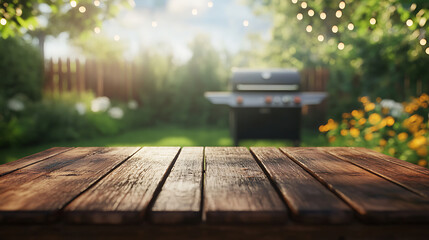 Poster - summer time in backyard garden with grill bbq, wooden table, blurred background
