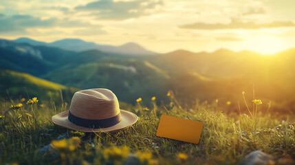 Poster - travel concept, credit card with hat on landscape background