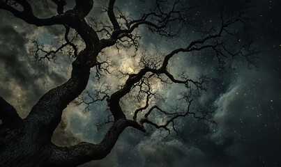 Wall Mural - A mysterious and haunting scene of a barren tree with intricate, twisting branches set against a starry night sky