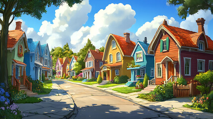 Aufkleber - cartoon neighborhood with colorful houses