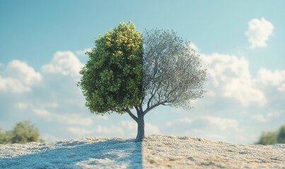 Climate change concept. Tree in two parts with green and healthy nature versus drought and polluted nature.