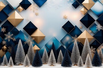 a blue modern and stylish Christmas background with geometric shapes, snowflake and snowy trees