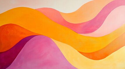 Poster - Colorful abstract waves of orange, pink, and yellow flowing gently across a minimalist canvas in a modern art exhibition space