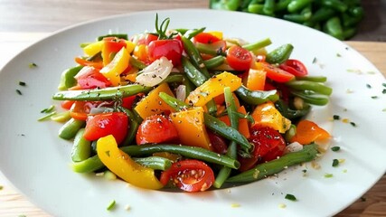 Wall Mural - Green bean salad with cherry tomatoes, yellow bell pepper, herbs and spices, drizzled with olive oil. Healthy food concept