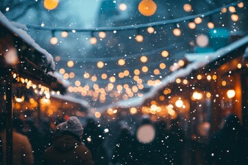 Vibrant winter market filled with festive activities and snowfall beneath twinkling string lights