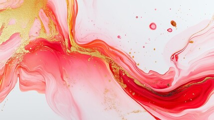 Poster - A vibrant abstract swirl of red and gold colors on a soft white background, showcasing fluid artistic movement and beautiful textures