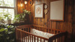 © Iurii - Cozy nursery with wooden crib and warm lighting featuring green plants and framed artwork