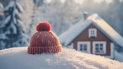Aufkleber - Proper insulation during the cold winter heating season, Cozy house with knitted cap placed on the roof, Energy efficiency and warmth, Save electricity with effective home insulation