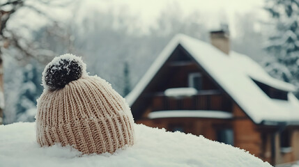 Poster - Proper insulation during the cold winter heating season, Cozy house with knitted cap placed on the roof, Energy efficiency and warmth, Save electricity with effective home insulation