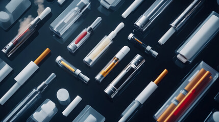 Poster - Synthetic nicotine concept, Various disposable electronic cigarettes, modern alternative smoking, vaping and nicotine
