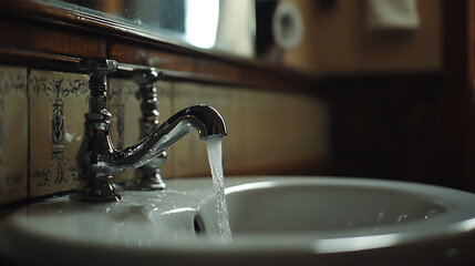 Poster - The running water tap is open in the bathroom sink