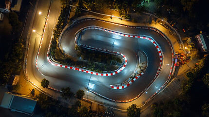 Fototapete - The finish line of an asphalt race track with serpentine roads and illuminated floodlights