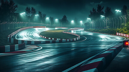 Aufkleber - The finish line of an asphalt race track with serpentine roads and illuminated floodlights
