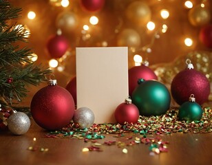 Wall Mural - A festive arrangement of Christmas ornaments in red, green, and silver with a blank card for messages.