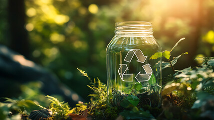Poster - glass jar adorned with the universal recycling symbol, set against a lush forest backdrop, symbolizing eco-friendly packaging solutions for a sustainable, zero waste lifestyle