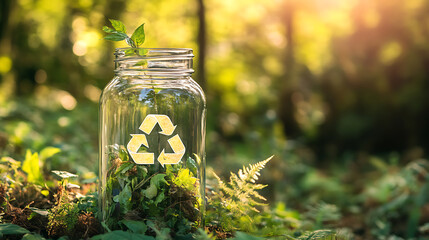 Aufkleber - glass jar adorned with the universal recycling symbol, set against a lush forest backdrop, symbolizing eco-friendly packaging solutions for a sustainable, zero waste lifestyle