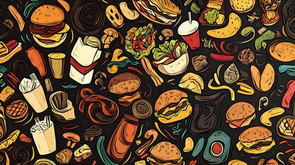 Poster - funny doodle pattern of fast food in different sizes