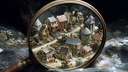 Wall Mural - magnifying glass with a set of model houses under it