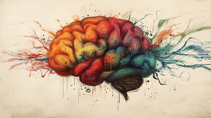 Poster - multi-colored brain, paint drawing, light background