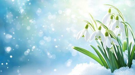 Aufkleber - white snowdrop flowers blooming outdoors in snow