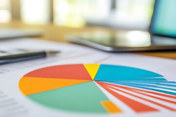 Vibrant pie chart and bar graph illustrating data analysis on a desk at a business meeting