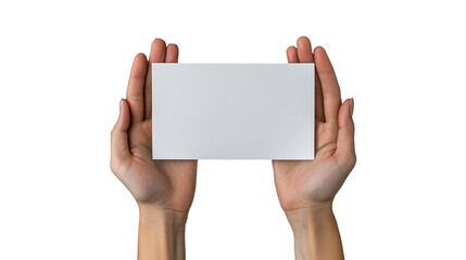 Two hands raising blank white card