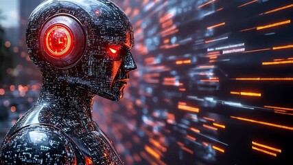 Poster - Futuristic humanoid robot illuminated by glowing data streams in a cybernetic landscape