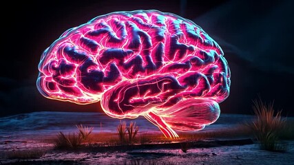 Poster - Neon brain glowing in the dark with vibrant colors against a moody background at night