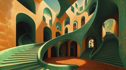 Poster - surreal architectural space with twisting staircases and colorful arches at midday